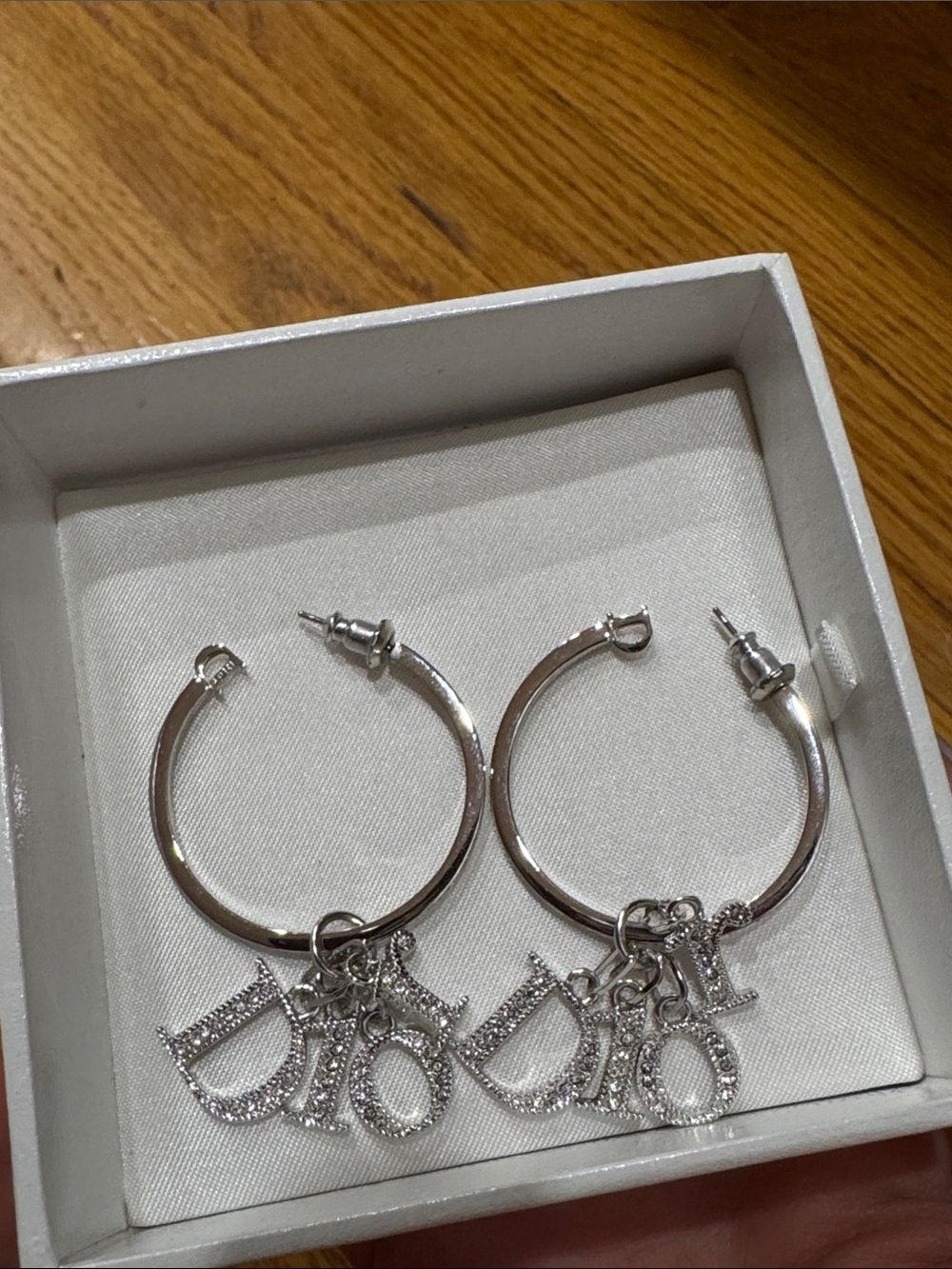 Dior Silver Hoop Earrings with Crystal 'DIOR' Letter Charms